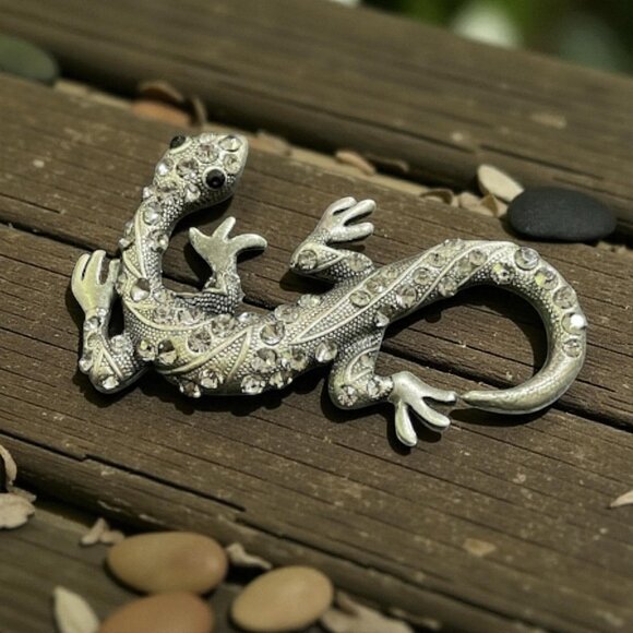 Vintage Silver Tone Rhinestone Lizard Brooch Pin 3 in, Gecko - Picture 7 of 11